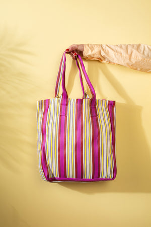 Pink & Yellow Striped Recycled Tote Bag
