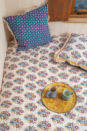 Cornflower & Lilac Block Print Cotton Quilt