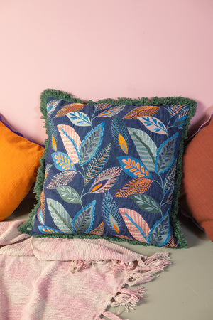 Denim Blue Leaves Embroidered Cushion Cover