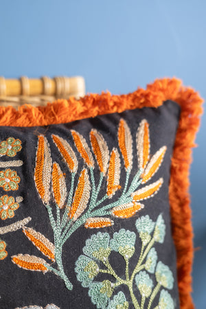 Jet Black Botanical Embroidered Cushion Cover