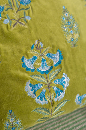Sage Green Velvet Botanical Embroidered Cushion Cover