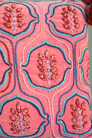 Pink Velvet Leaf Embroidered Cushion Cover