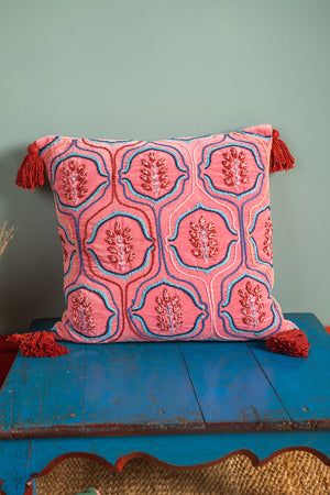 Pink Velvet Leaf Embroidered Cushion Cover