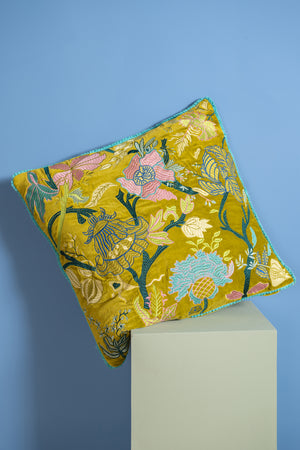 Chartreuse Green Velvet Floral Embroidered Cushion Cover