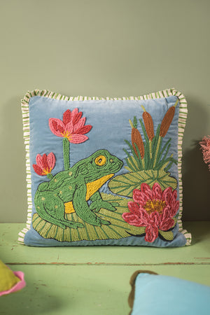 Blue Embroidered Frog Velvet Cushion Cover