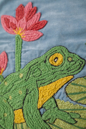 Blue Embroidered Frog Velvet Cushion Cover