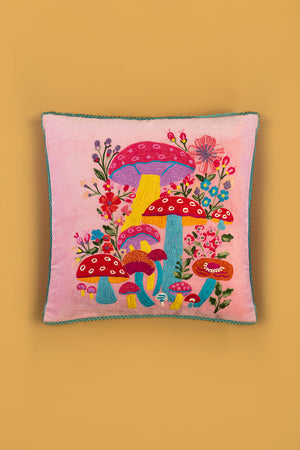 Pink Embroidered Toadstools Cushion Cover