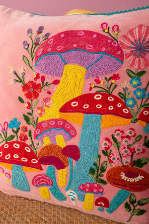 Embroidered Toadstools Pink Embroidered Toadstools Cushion Cover β Daisy Snow