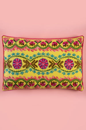 Floral on Yellow Embroidered Cushion Cover