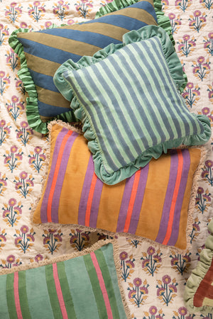 Blue & Turquoise Block Print Cotton & Velvet Cushion Cover