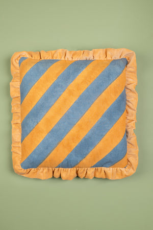 Blue & Yellow Block Print Cotton & Velvet Cushion Cover