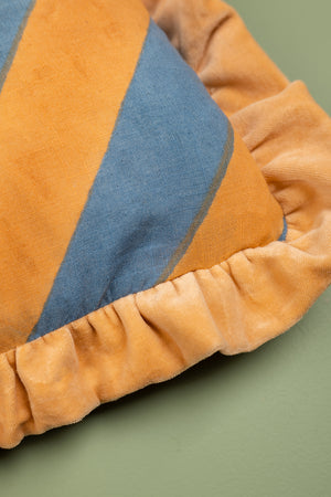 Blue & Yellow Block Print Cotton & Velvet Cushion Cover
