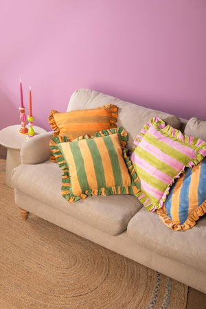 Blue & Yellow Block Print Cotton & Velvet Cushion Cover