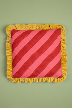 Red & Pink Block Print Cotton & Velvet Cushion Cover