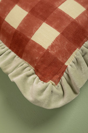 Red Gingham Block Print Cotton & Velvet Cushion Cover