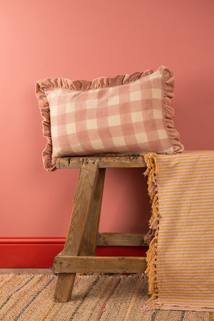 Dusty Pink Gingham Block Print Cotton & Velvet Cushion Cover
