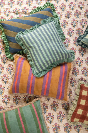 Blue & Olive Green Block Print Cotton Cushion Cover