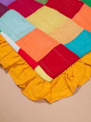 Block Colour Patchwork Cotton Cushion Cover with Frill Edge