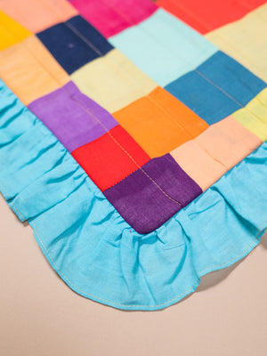 Block Colour Patchwork Cotton Cushion Cover with Frill Edge