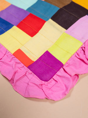 Block Colour Patchwork Cotton Cushion Cover with Frill Edge
