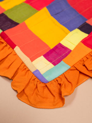 Block Colour Patchwork Cotton Cushion Cover with Frill Edge