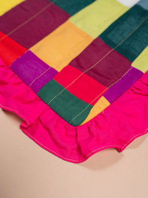 Block Colour Patchwork Cotton Cushion Cover with Frill Edge