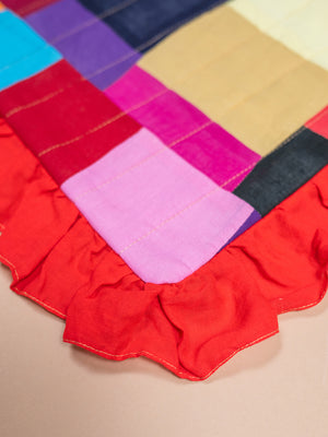 Block Colour Patchwork Cotton Cushion Cover with Frill Edge
