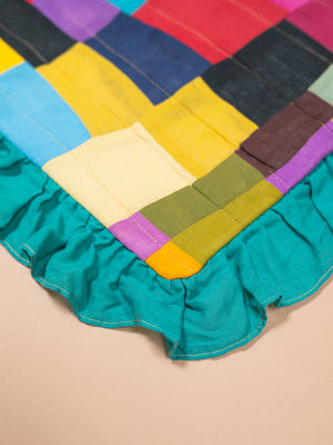 Block Colour Patchwork Cotton Cushion Cover with Frill Edge