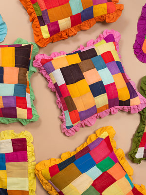 Block Colour Patchwork Cotton Cushion Cover with Frill Edge