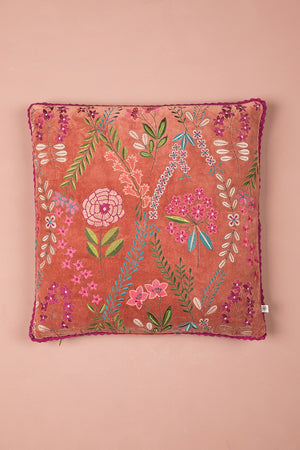 Dusty Rose Velvet Flower Embroidered Cushion Cover