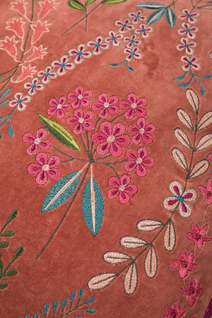 Dusty Rose Velvet Flower Embroidered Cushion Cover