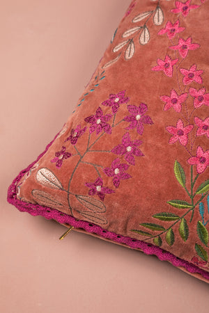 Dusty Rose Velvet Flower Embroidered Cushion Cover