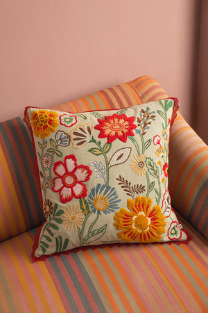 Sage Green Wildflower Embroidered Cushion Cover