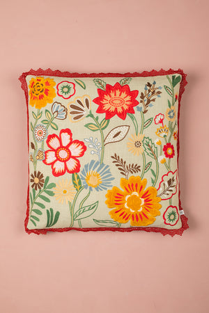 Sage Green Wildflower Embroidered Cushion Cover