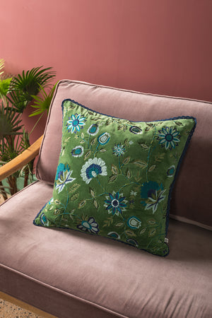 Blue on Green Velvet Floral Embroidered Cushion Cover