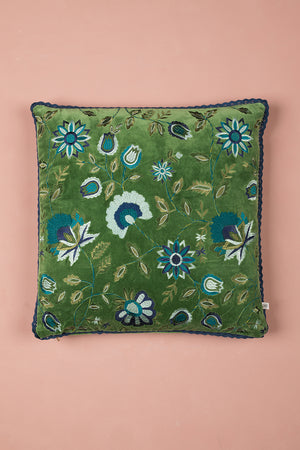 Blue on Green Velvet Floral Embroidered Cushion Cover