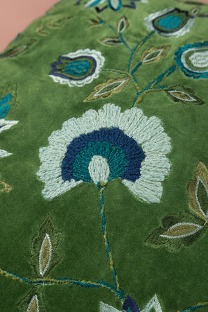 Blue on Green Velvet Floral Embroidered Cushion Cover