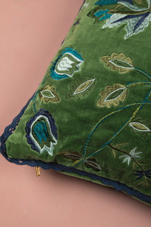 Blue on Green Velvet Floral Embroidered Cushion Cover