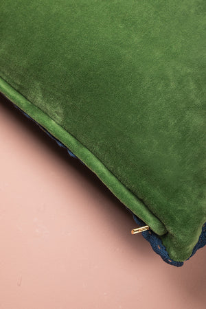 Blue on Green Velvet Floral Embroidered Cushion Cover