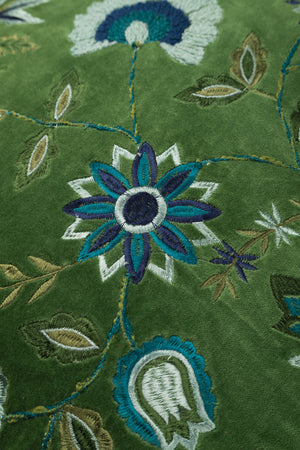 Blue on Green Velvet Floral Embroidered Cushion Cover