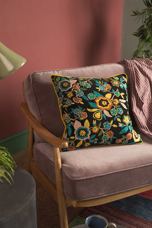 Flower Power Velvet Embroidered Cushion Cover