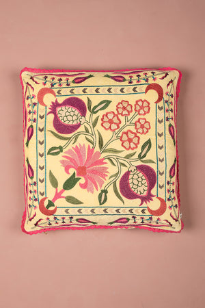 Pink on Buttermilk Floral Velvet Embroidered Cushion Cover