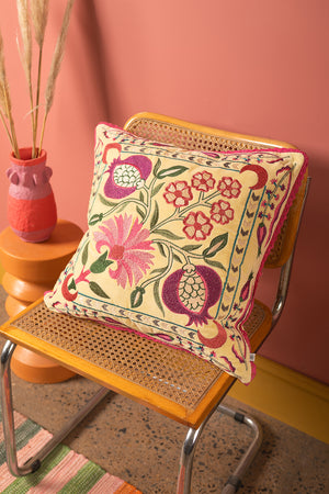 Pink on Buttermilk Floral Velvet Embroidered Cushion Cover