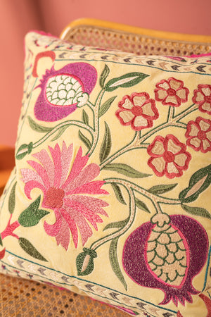 Pink on Buttermilk Floral Velvet Embroidered Cushion Cover