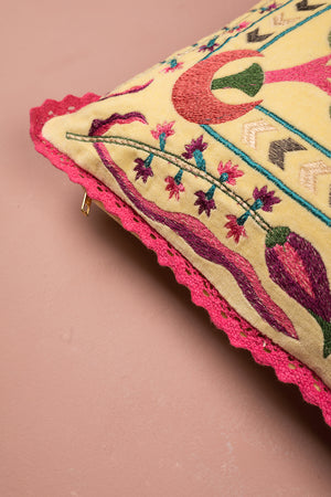 Pink on Buttermilk Floral Velvet Embroidered Cushion Cover