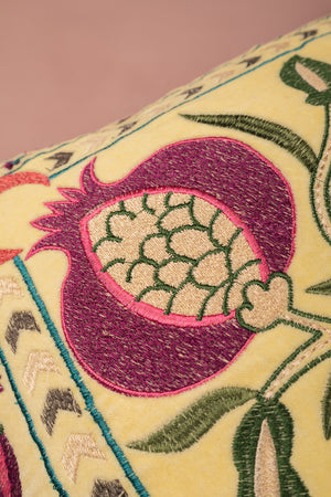 Pink on Buttermilk Floral Velvet Embroidered Cushion Cover