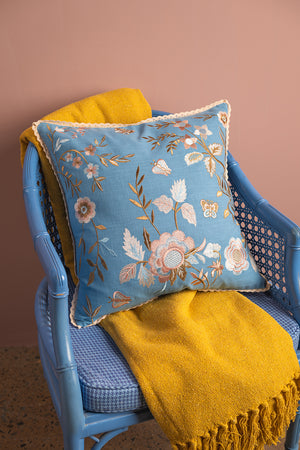 Sky Blue & Pink Hedgerow Embroidered Cushion Cover
