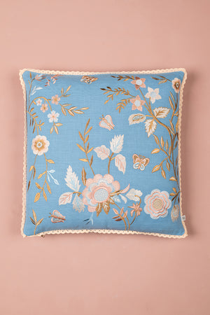 Sky Blue & Pink Hedgerow Embroidered Cushion Cover