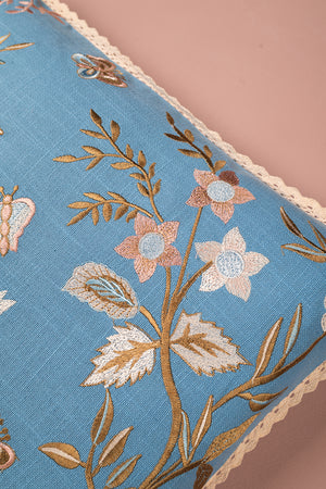Sky Blue & Pink Hedgerow Embroidered Cushion Cover