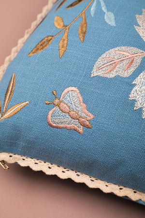 Sky Blue & Pink Hedgerow Embroidered Cushion Cover